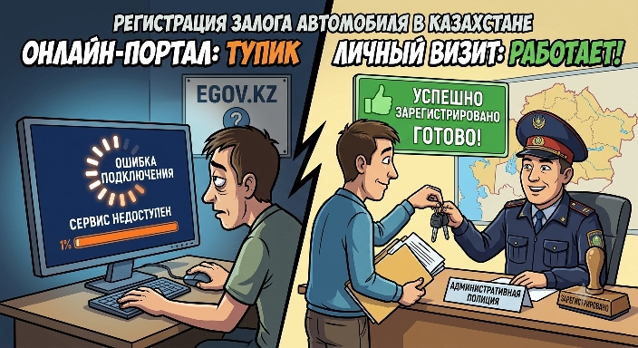 Электронный залог автомобиля в Казахстане: услуга, которая есть на госпортале, но получить её можно только лично