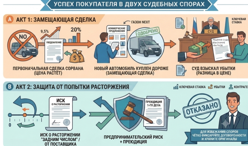 Поставщик автомобиля сослался на рост цен и отказался от поставки: победа покупателя в двух связанных спорах